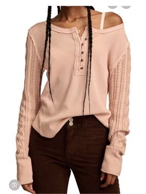 Lucky Brand Cable Knit Sleeve Waffle Henley Top XL Blush Pink Rose Smoke Boho